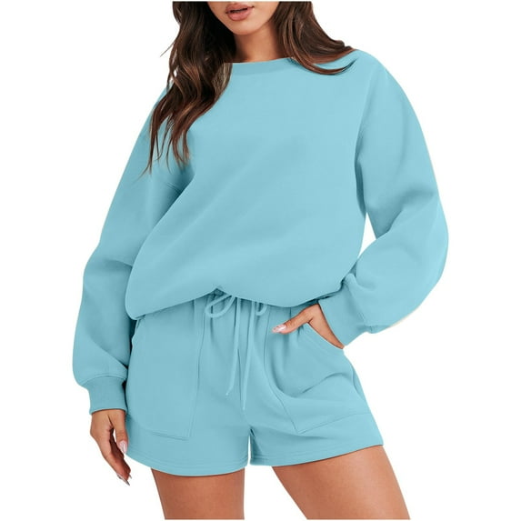 Mchoice Sweatsuits for Women Set 2 Piece Fall Fashion Round-Neck Solid Color Long Sleeve Tops Sweatshirt with Drawstring Shorts Two Piece Outfits