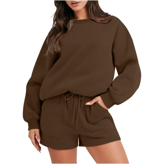 Mchoice Sweatsuits for Women Set 2 Piece Fall Fashion Round-Neck Solid Color Long Sleeve Tops Sweatshirt with Dstring Shorts Two Piece Outfits