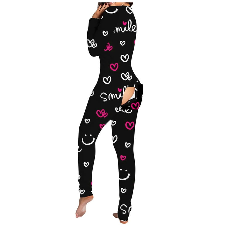 Mchoice Women Jumpsuit Pajamas Womens Onesie Pajamas Button Down Back Functional Butt Buttoned Flap Rompers Sleepwear Walmart