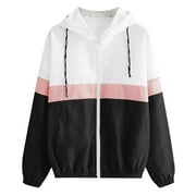 MYCHOICE Mchoice Women's Casual Color Block Hooded Casual Thin Windbreaker Jacket Drawstring Hem Long Sleeve Jacket Outerwear