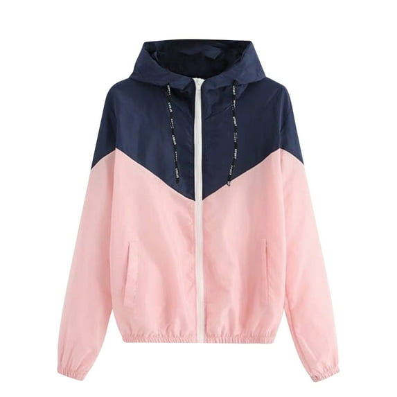 Amzcrzy Women's Casual Color Block Hooded Casual Thin Windbreaker Jacket Drawstring Hem Long Sleeve Jacket Outerwear on Clearance