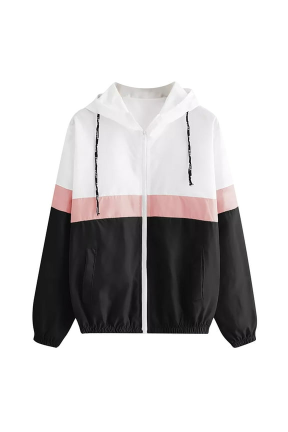 Mchoice Women's Casual Color Block Hooded Casual Thin Windbreaker Jacket Drawstring Hem Long Sleeve Jacket Outerwear