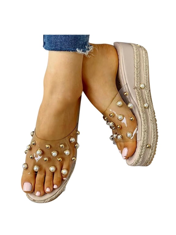 Mchoice Women's Pearls Clear Platform Slide Sandals Espadrille Open Toe Slip On Thick Bottom Wedge Sandal