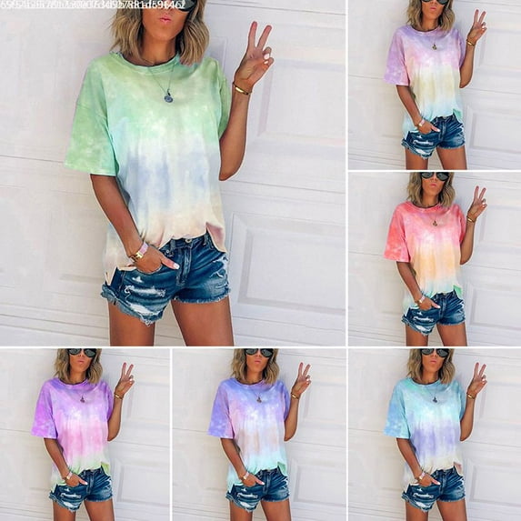 Mchoice Women's Short Sleeve Tie Dye Shirts Loose Color Block Crewneck T Shirt Tops Blouse Summer Tee Plus Size