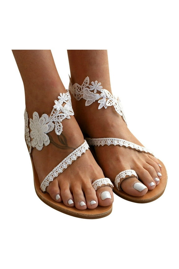 Mchoice Women's Summer Lace Splicing Ankle Strap Sandals for Women Slip-On Flats Shoes Female Open Toe Beach Slipper