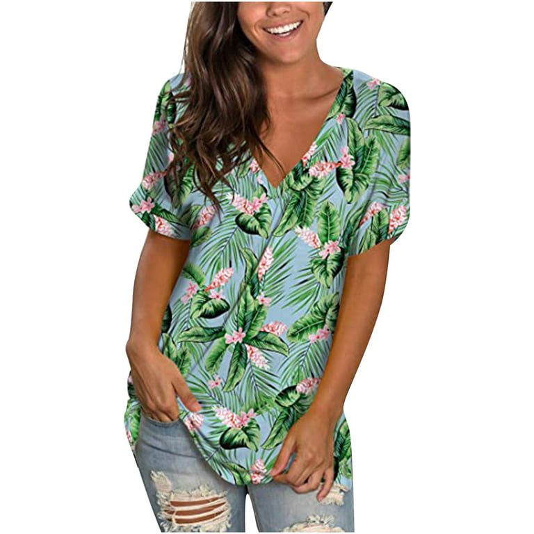 Mchoice Women tops V Neck T Shirts Short Sleeve Tunic Strappy Print V-Neck  Shoulder plus size sexy tops for women on Clearance 