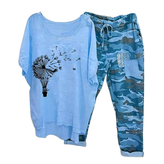 Mchoice Womens 2 Piece Outfits Camouflage Drawstring Pants Trousers + Round Neck Short Sleeve Pullover Graphic Tees Jumpsuits