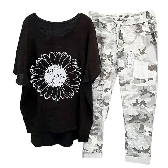 Mchoice Womens 2 Piece Outfits Camouflage Drawstring Pants Trousers + Round Neck Short Sleeve Pullover Graphic Tees Jumpsuits