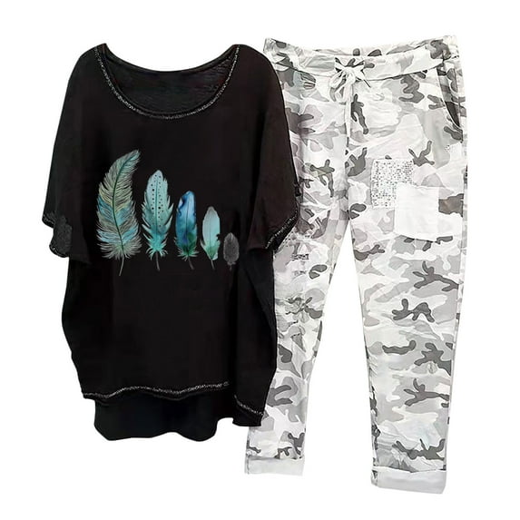 Mchoice Womens 2 Piece Outfits for Cotton and Linen Crewneck Graphic Printing Short Sleeve Tops + Camouflage Pants Trousers Set