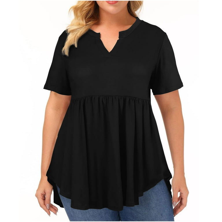 Mchoice Womens Blouses Fashion 2023 Plus Size Tops Smocked Short Sleeve V  Neck Casual Oversized T Shirts Tops Solid Color Asymmetric Hem Swing Tunic