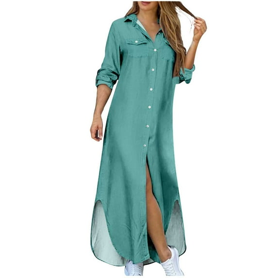 Mchoice Womens Dresses Fall Solid Color Casual Long Sleeve Turndown Collar Dress Beach Casual Maxi Dresses with Buttons