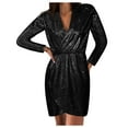 thumbnail image 1 of Mchoice Womens Dresses Fashion Casual Sequin Long Sleeve V-Neck Solid Color Long Skirts Pleated Pullover Cocktail Party Wedding Guest Dress, 1 of 5