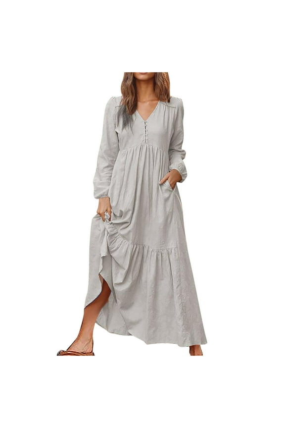 Mchoice Womens Fall Dresses Fashion Casual Long Sleeve Solid Color V Neck Maxi Dress Flowing Long Skirts