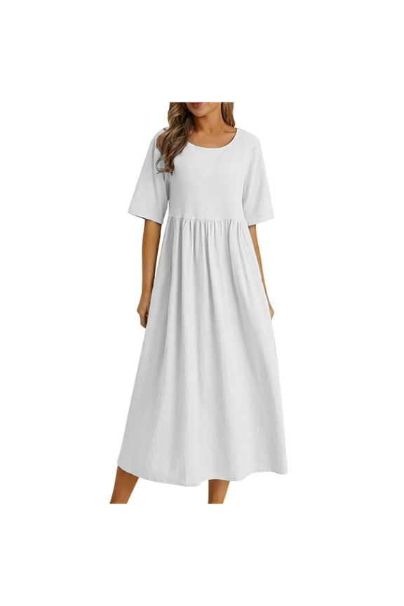 Mchoice Womens Summer Dresses 2025 Loose Fitting Solid Color Fashion Dress Casual Cotton Linen Round Neck 5/4 Sleeve Maxi Dress