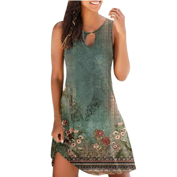 Mchoice Womens Summer Dresses Casual Loose Floral Printed Tank Dress Hollow Out Beach Sundress Sleeveless Midi Dresses