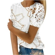 Mchoice Womens Summer Tops 2024 Floral Printing Short Sleeve Shirts Round Neck Pullover Lace Blouse Tees