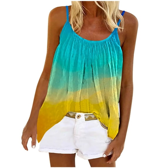 Mchoice Womens Summer Tops 2025 Summer Sleeveless Halter Gradient Color Tank Tops Flowy Pleated V-Neck Casual Loose Tee