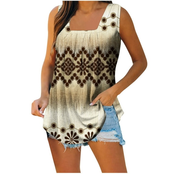 Mchoice Womens Tank Tops Sleeveless Square Neck Comfortable Fashion T-shirt Floral Prinded Loose Casual Pleated Blouse