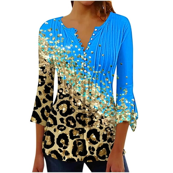 Mchoice Womens Tops Casual Trumpet 3/4 Sleeve Vintage Floral Printed T-shirts Buttons Basic Ruched Pleated Blouses