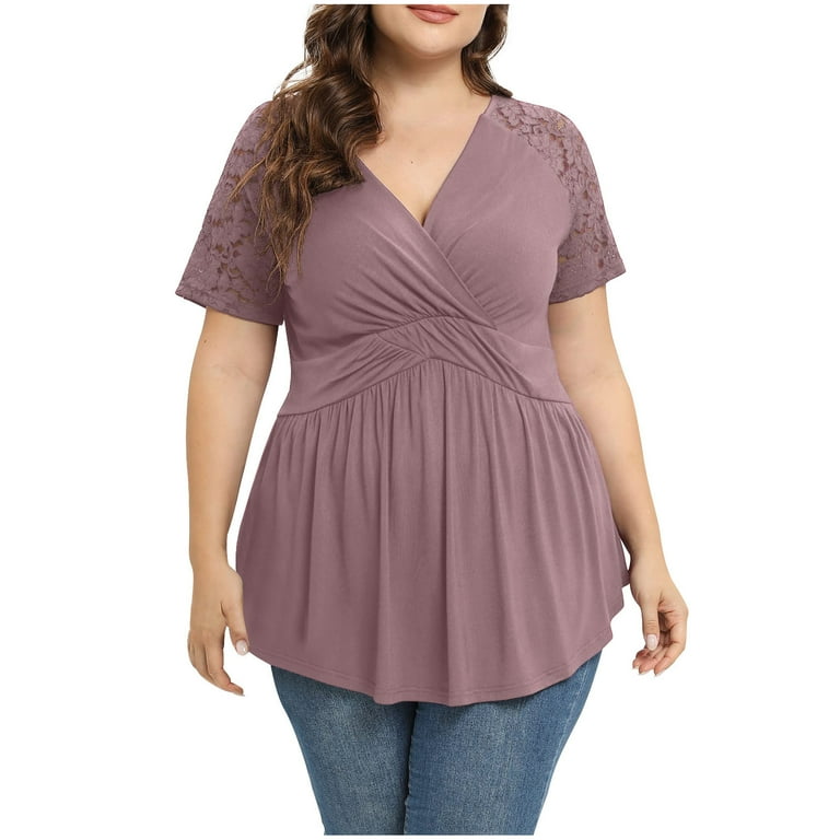 Mchoice Womens V Neck Wrap Plus Size Tops Lace Cutout Short Sleeve T shirt Casual Flowy Pleated Tunic Shirts Solid Color Pullover Blouse XL 5XL Walmart