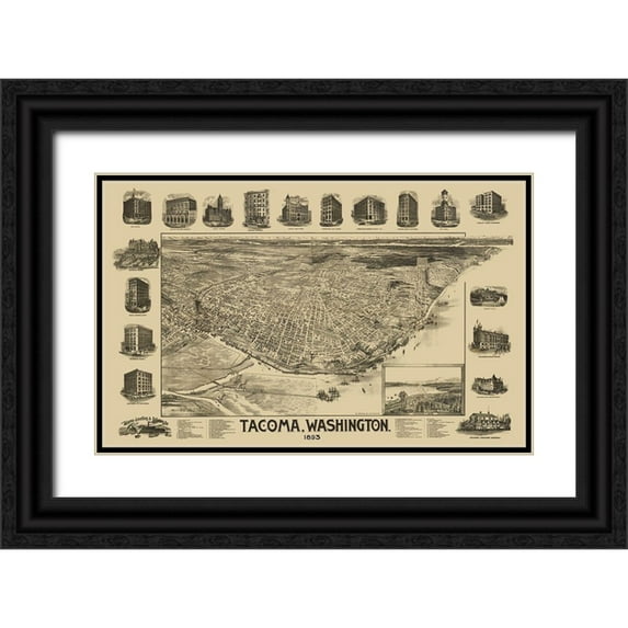 Mcintyre 14x10 Black Ornate Wood Framed with Double Matting Museum Art Print Titled - Tacoma Washington - Mcintyre 1893