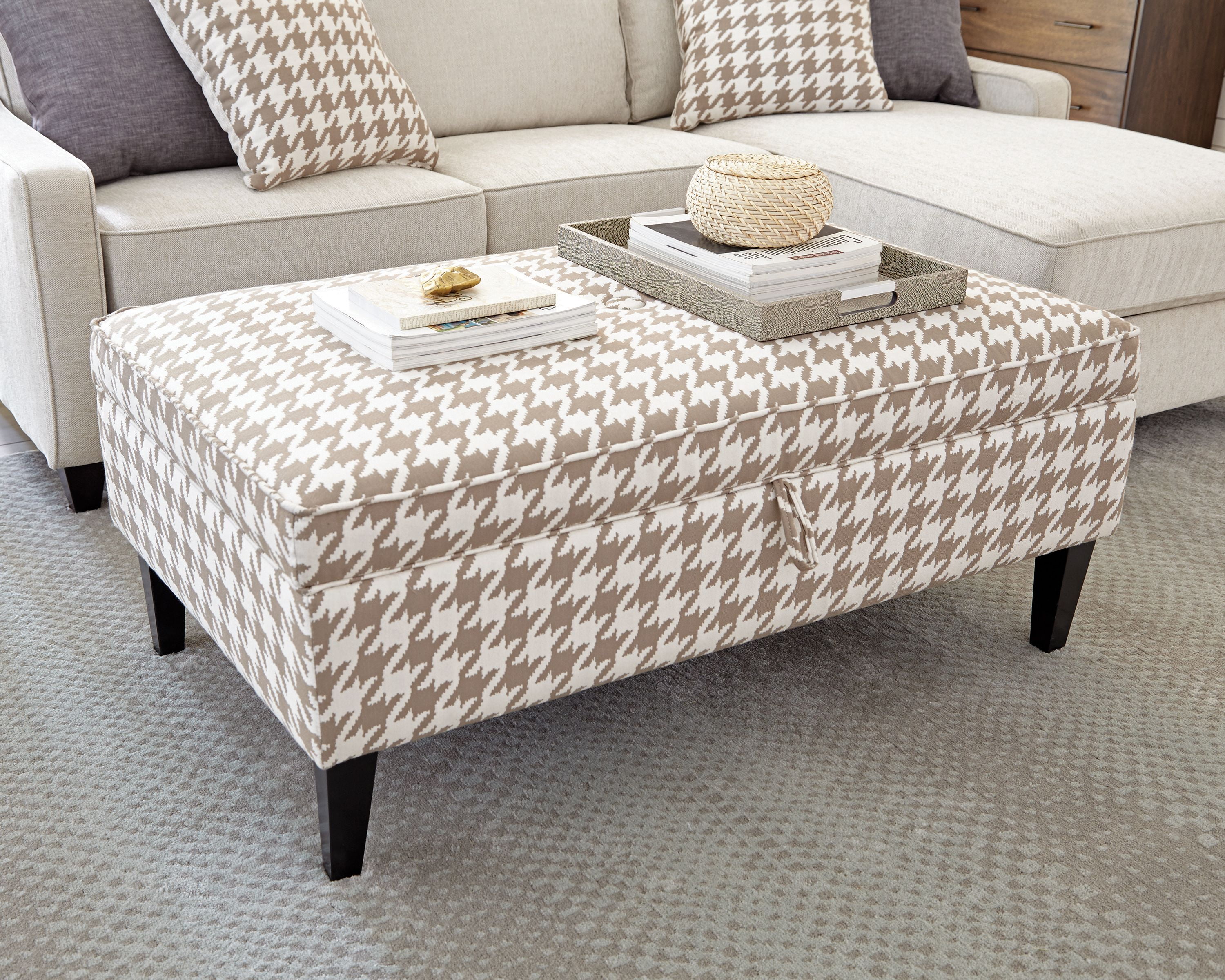 Transitional Beige Upholstered Storage Ottoman with Dark Wood Legs