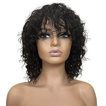 Mcolor Human Wigs Short Water Wave Wig with Bangs 100% Human Hair Glueless Made for Black Women Natural Black 12inch