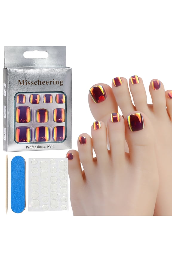 Mcolor Ombre Red Toe Nails Short Press on Toenails Square Fake Toenails Full Cover Acrylic Toe Nails Summer Beach Toenail Natural Glossy Glue on Toenails for Women