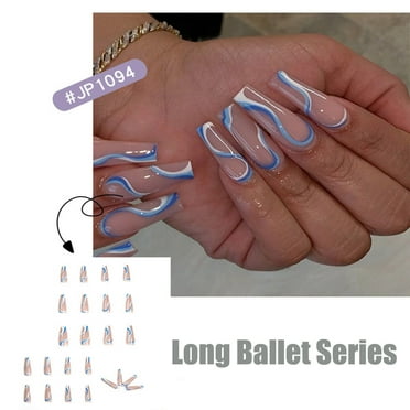 Mcolor Press on Nails Long Square Fake Nails Matte Glue on Nails French Tip Acrylic Nails Squoval Artificial Nails False Nails with Swirl Design for Wedding 24 pcs