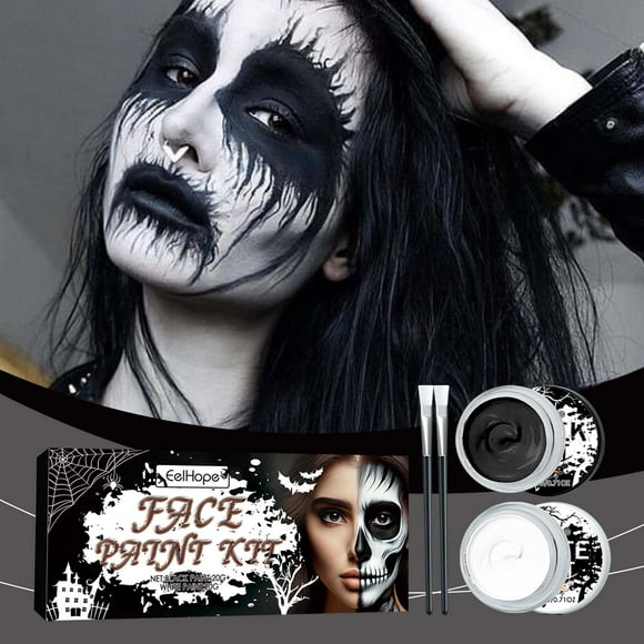 Mcolor White Face Paint, Black Face Paint Halloween Cosplay SFX Makeup Kit, Non Toxic Body Paint, Face Painting Kits with 2 Professional Paint Brushes for Adult Kids, Face Body Painting Art Theater