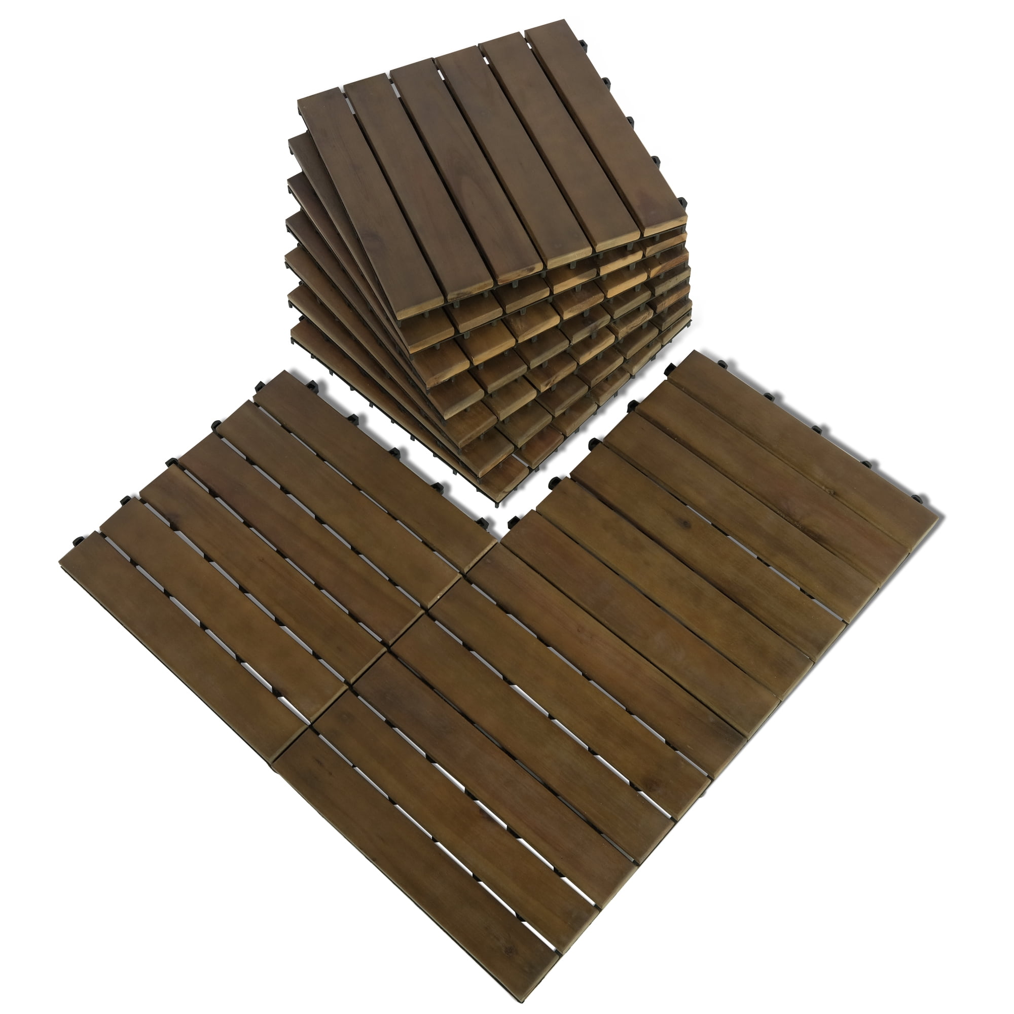 Light Brown Acacia Wood Interlocking Deck Tiles, 12" x 12"