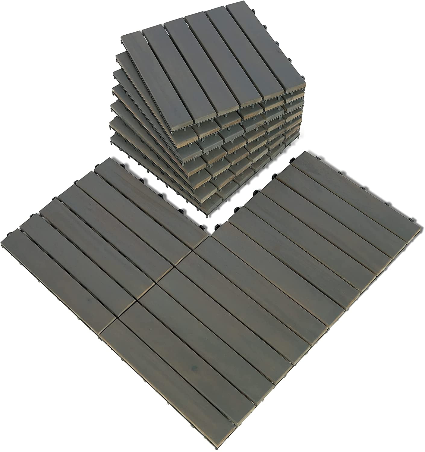 Light Gray Acacia Wood Interlocking Deck Tiles, 12" x 12"