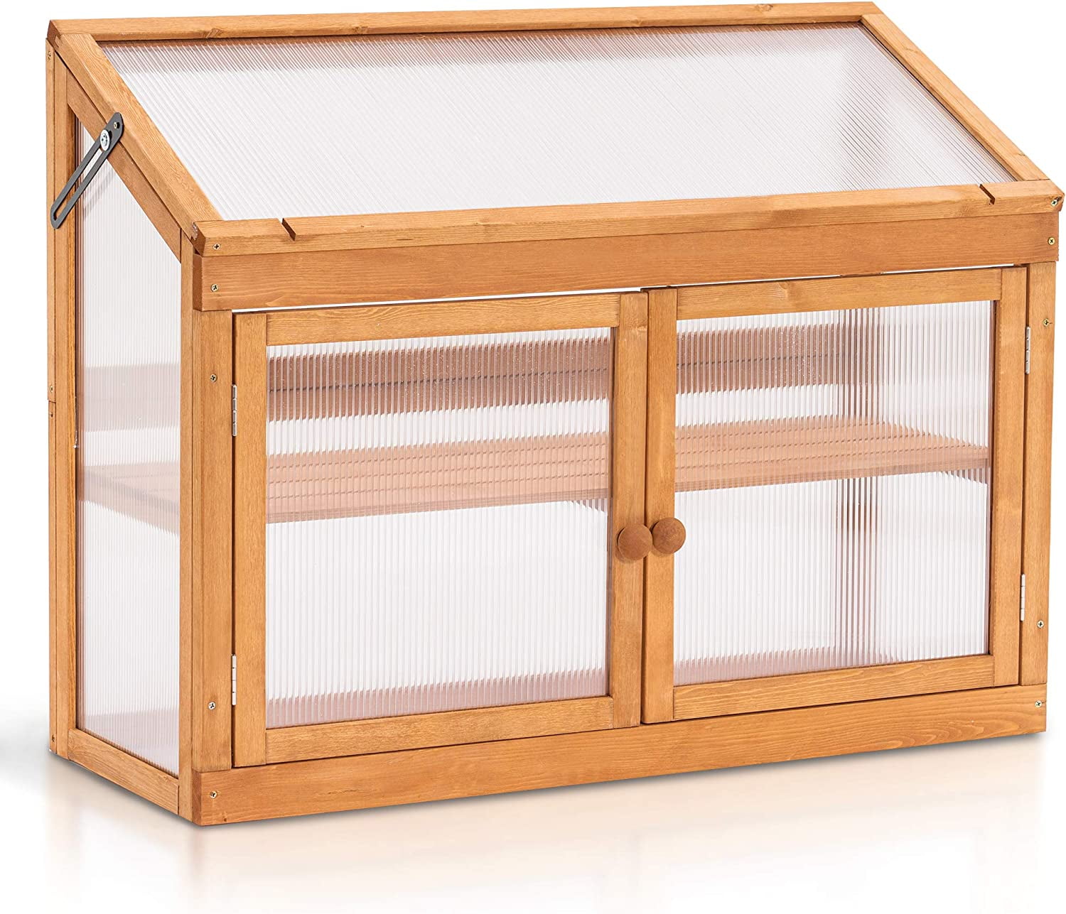 MCombo Orange Fir Wood 2-Tier Cold Frame Greenhouse with Adjustable Shelf
