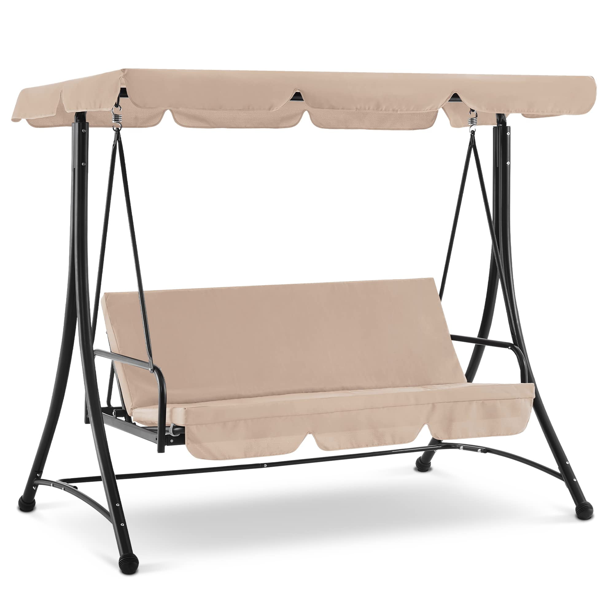 Beige Steel Frame 3-Seat Patio Swing with Adjustable Canopy