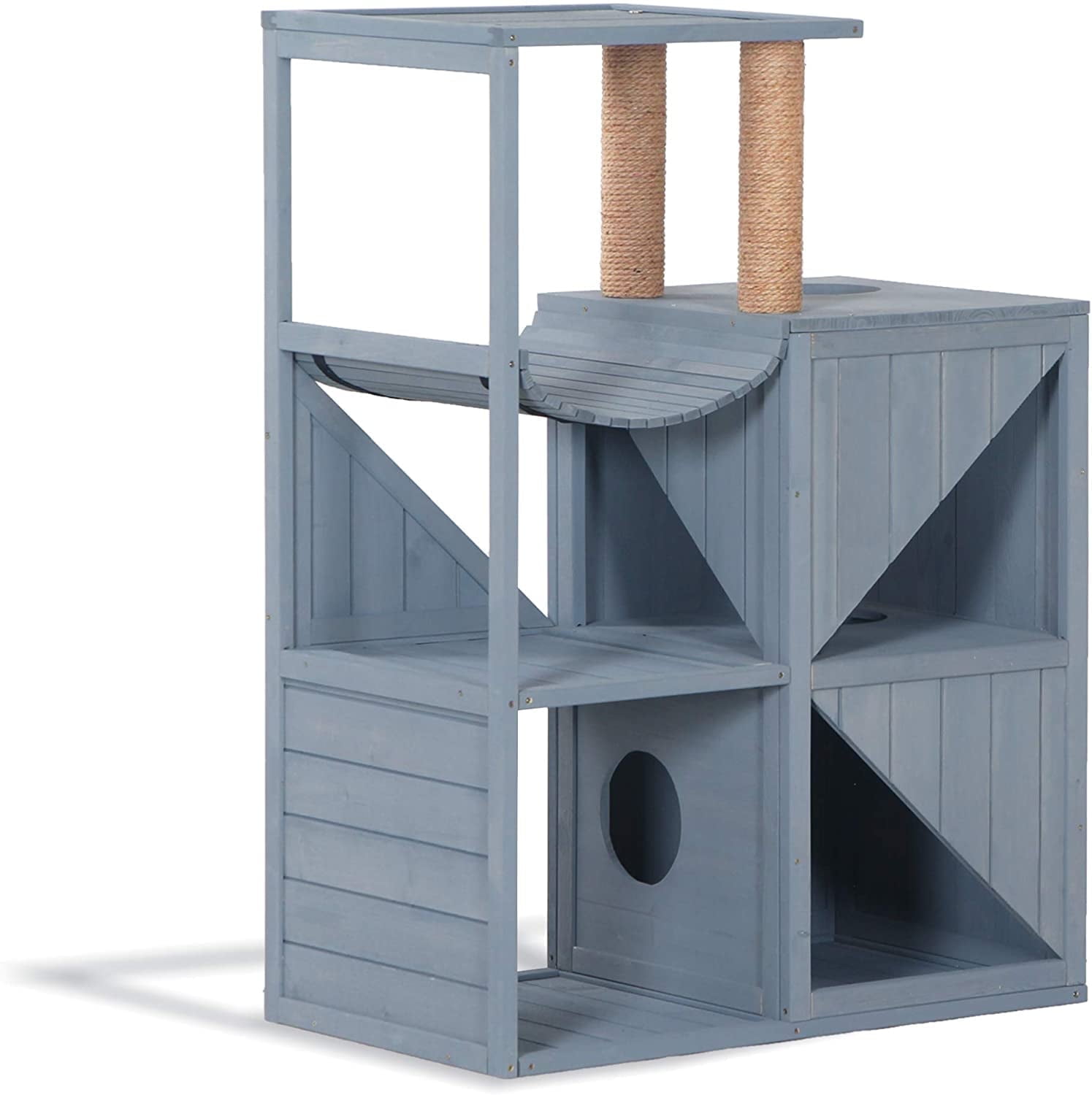 Gray Solid Wood Cat Condo with Sisal Scratchers