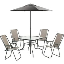 Mcombo 6 Pieces Outdoor Patio Dining Set with Glass Table, Umbrella and Set of 4 Chairs for Lawn, Deck, Backyard, 4525 Grey, Tempered Glass, Steel, Fabric