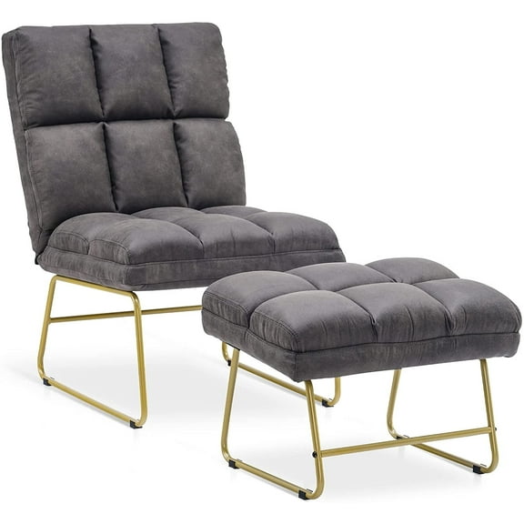 MCombo Accent Chair with Ottoman, Golden Metal Legs, Living Room Armless Chair Fabric (Grey)