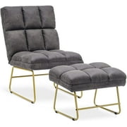 MCombo Accent Chair with Ottoman, Golden Metal Legs, Living Room Armless Chair Fabric Grey