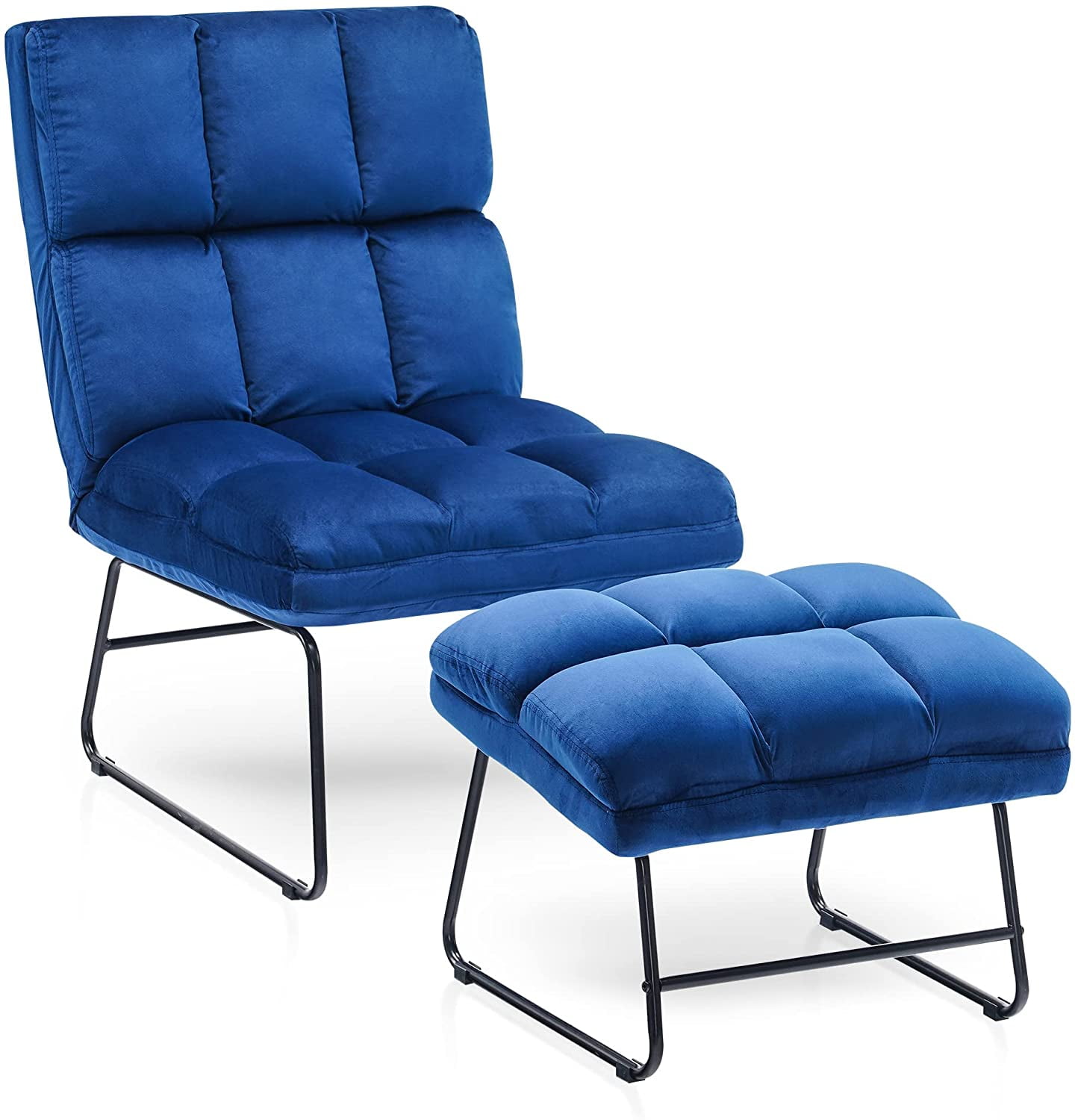 Blue Velvet Accent Chair with Ottoman and Metal Legs
