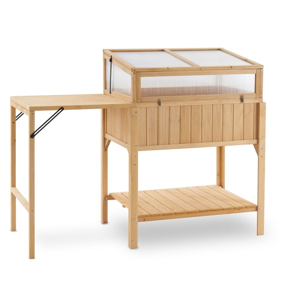 Mcombo Cold Frame Greenhouse with Foldable Potting Table, Raised Garden Bed Planter Box with Legs and Wooden Greenhouse with Shelf for Vegetables, Herb and Flowers Use, 0399