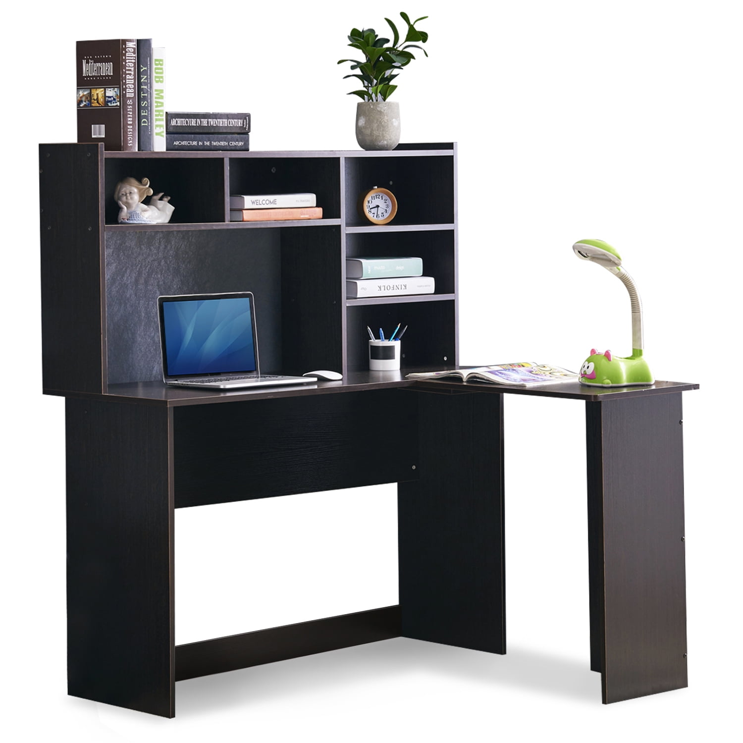 Mcombo Corner Desk with Hutch L Shaped Desk Computer Desk Executive Desk for Home Office Furniture Dark Brown