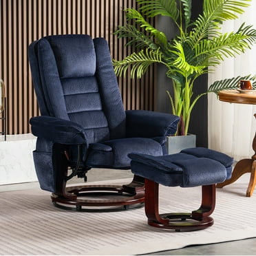 MCombo Swivel Recliner with Ottoman, Vibration Massage and Wood Base, Lounge Recliner for Living Room and Bedroom, Fabric, Blue