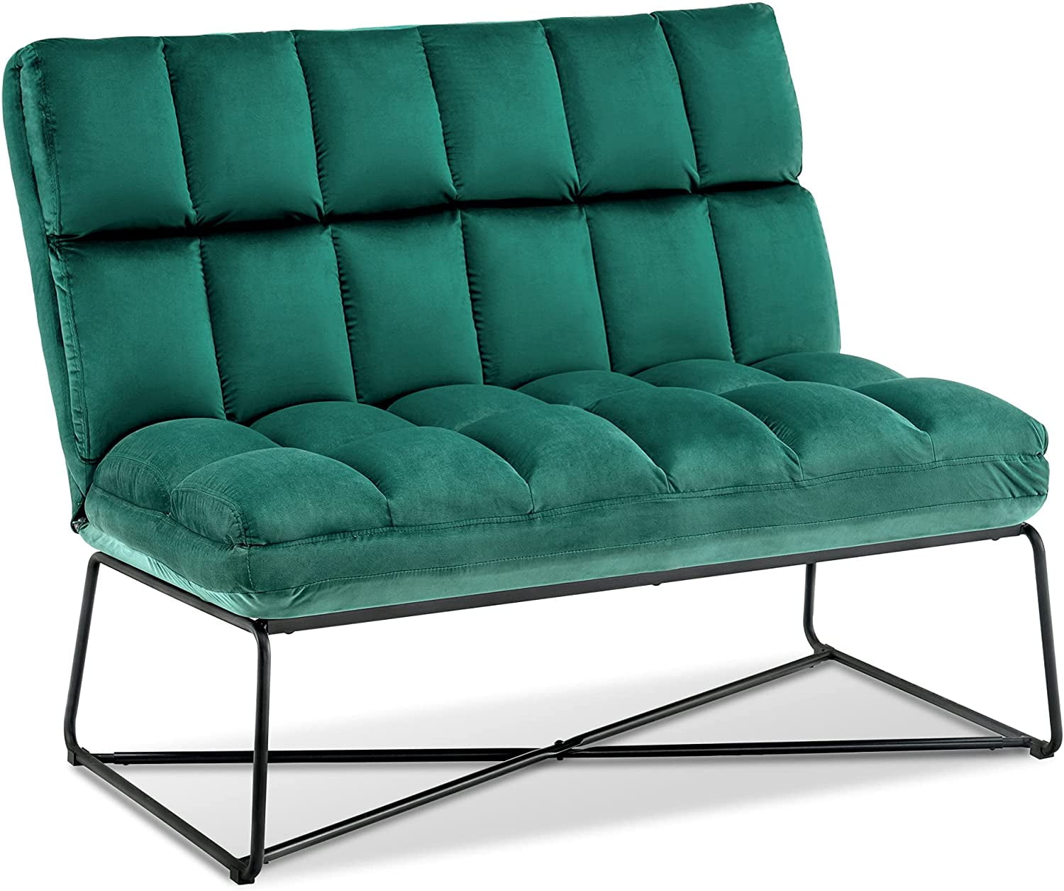 Mid-Century Modern Dark Green Velvet Armless Settee with Black Metal Frame
