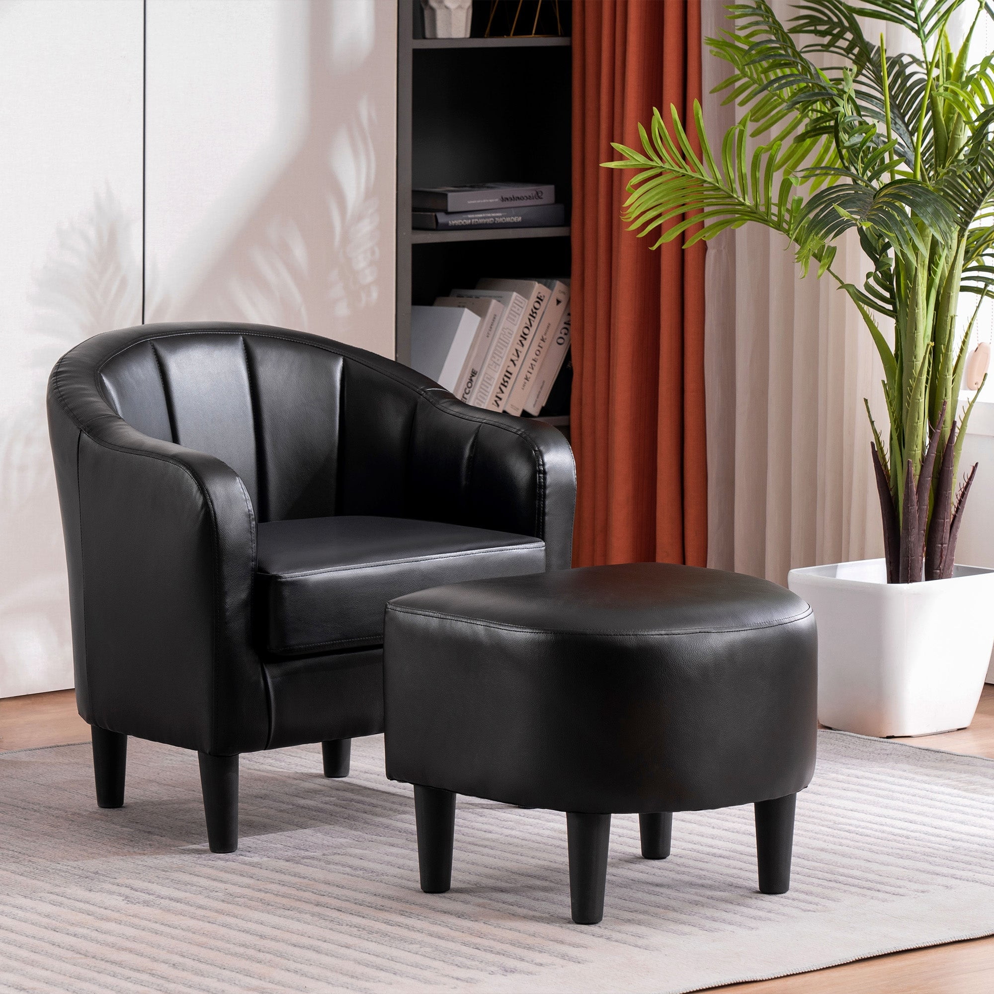 Mcombo Faux Leather Armchair with Ottoman, Tub Barrel Club Chair