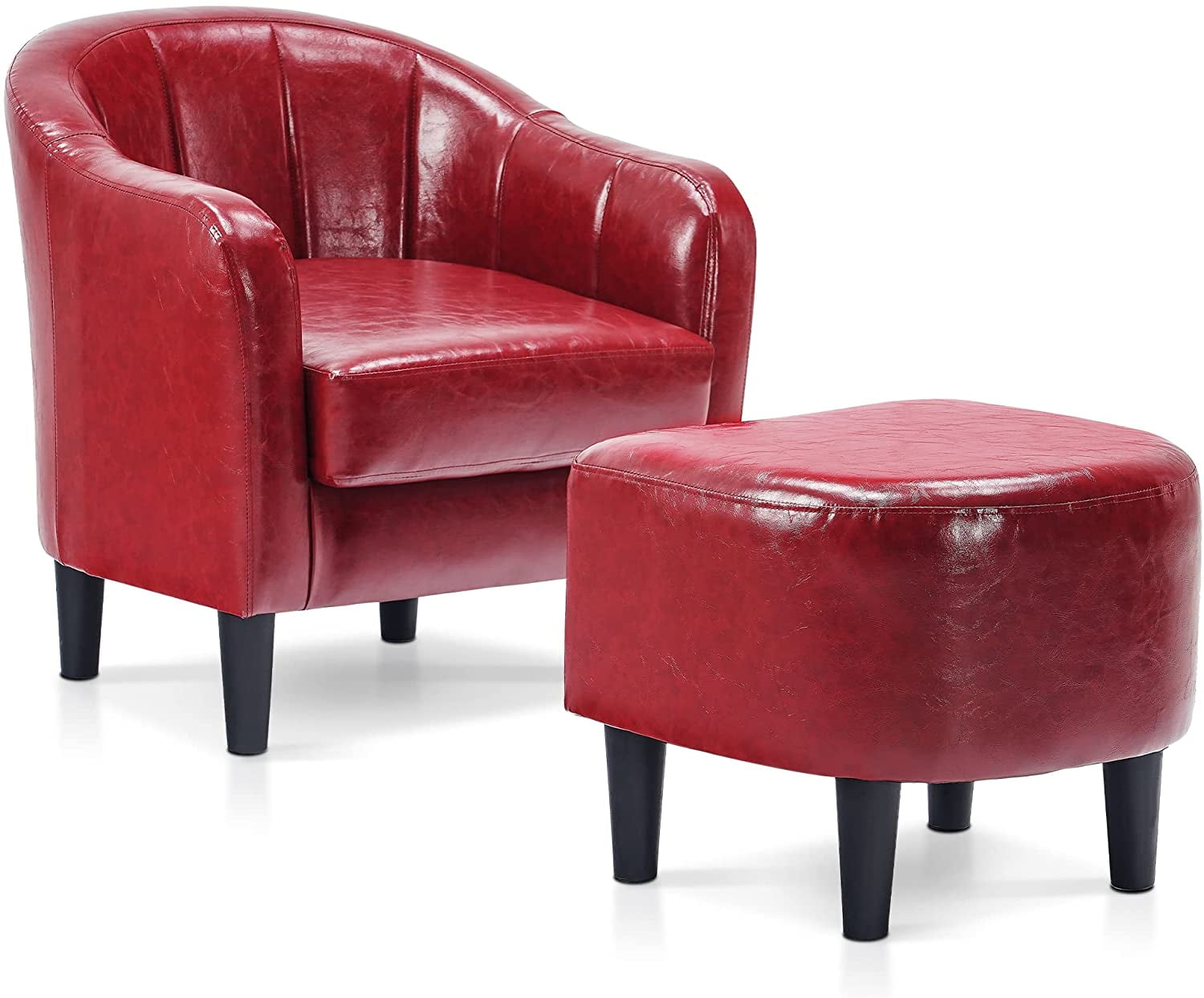 Mcombo Modern Accent Club Chair, Tub Barrel Chair with Ottoman, Faux Leather Arm Chair with Round Legs, Single Sofa Chair for Living Room Bedroom Small Space 4022(Burgundy)