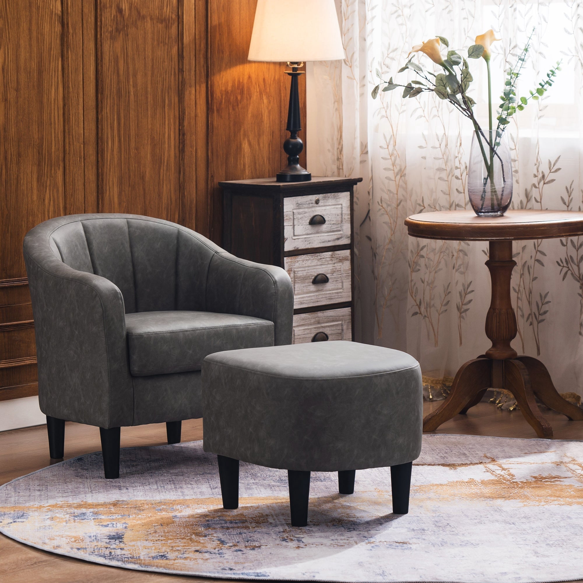 Mcombo Modern Accent Club Chair with Ottoman, Faux Leather, Small Space
