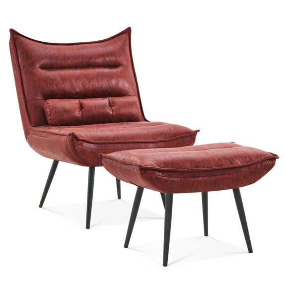 Mcombo Modern Chair with Ottoman, Wingback Club Accent Chairs for Living Room, Bronzing Fabric Upholstered Leisure Chairs with Metal Legs 4400 (Burgundy)