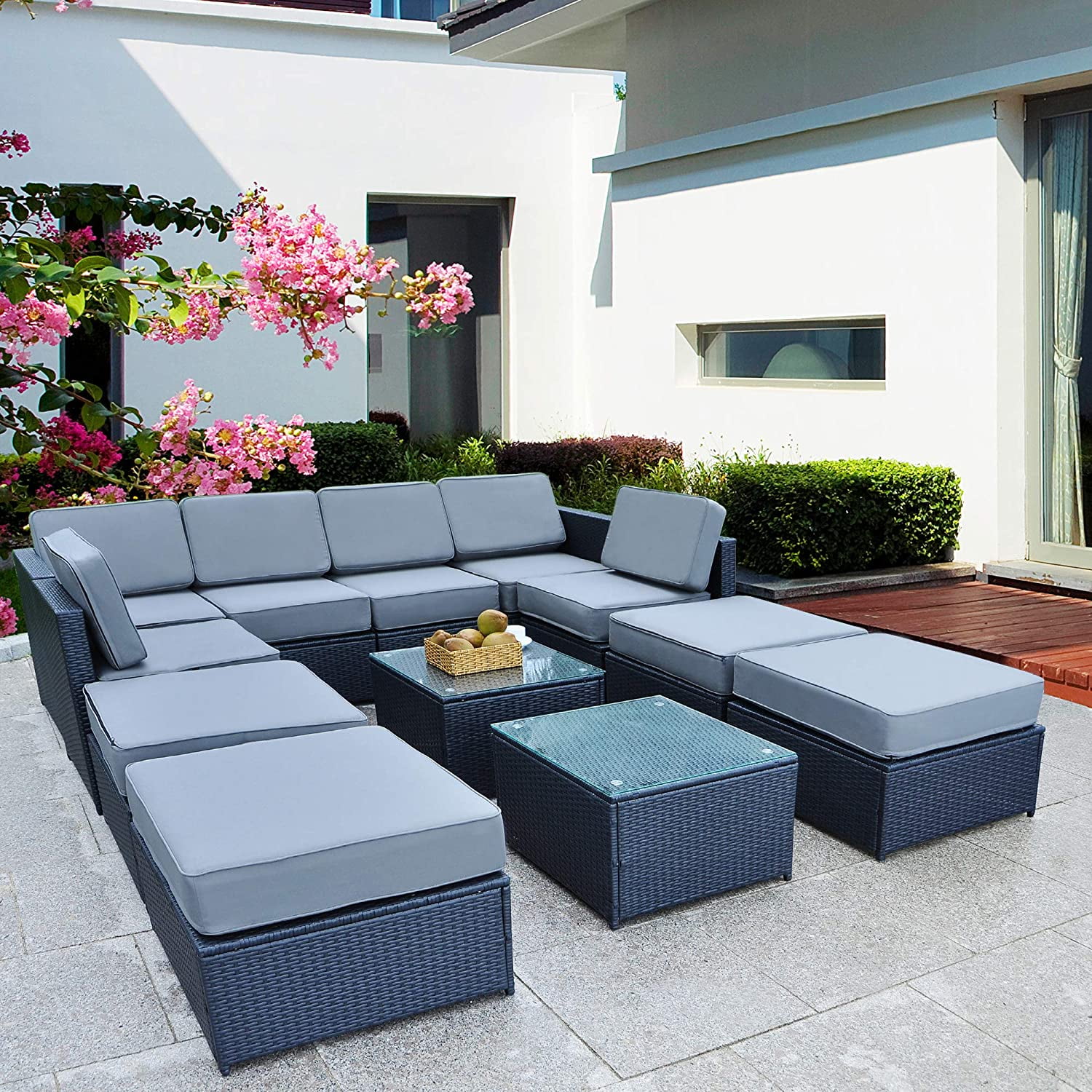 MCombo Outdoor Patio Sofa Set With Coffee Table - Black Rattan Wicker Garden Furniture