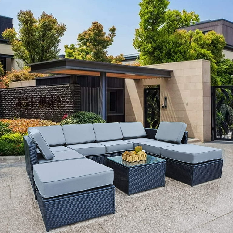 Mcombo Patio Furniture Sectional 9 Pieces Wicker Sofa Set All Weather Outdoor Seating Black Rattan Conversation Chair Set with Thick Cushions and Tea