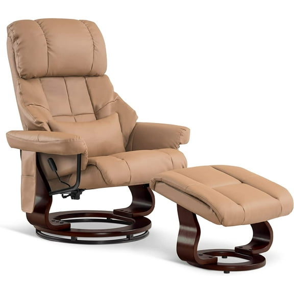 Mcombo Recliner with Ottoman Reclining Chair with Vibration Massage and Removable Lumbar Pillow, 360 Degree Swivel Wood Base, Faux Leather 9068 (Cognac)
